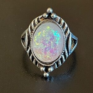 Oval simulated opal silver plated ring size 5.25
